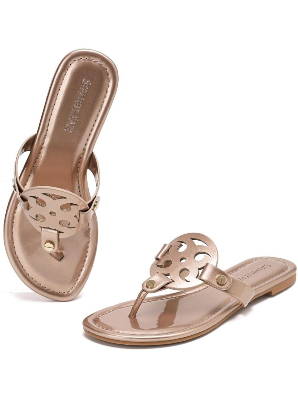 Women's Gold Faux Leather Memory Foam Beach Slides Comfy Flipflop Flat Sandals